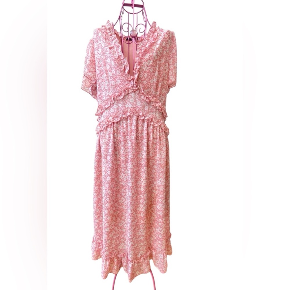 Simplee Pink Ditsy Floral Ruffle Dress Womenβs Medium Prairie Trad Wife